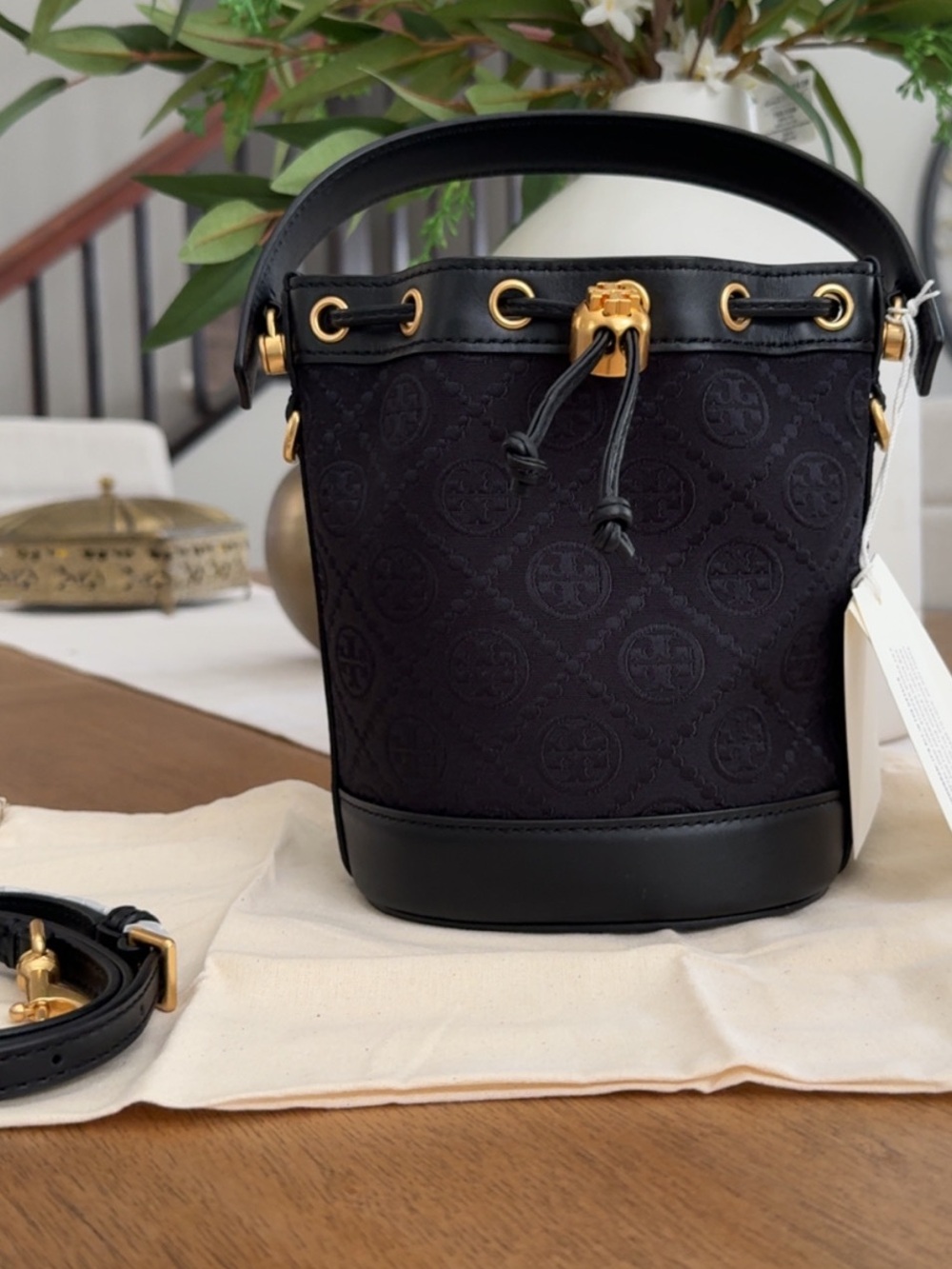 Tory Burch T Monogram Mini Bucket Bag Black Canvas Leather